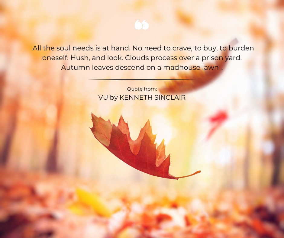 All the soul needs is at hand. No need to crave, to buy, to burden oneself. Hush, and look. Clouds process over a prison yard. Autumn leaves descend on a madhouse lawn. Quote from: VU by KENNETH SINCLAIR